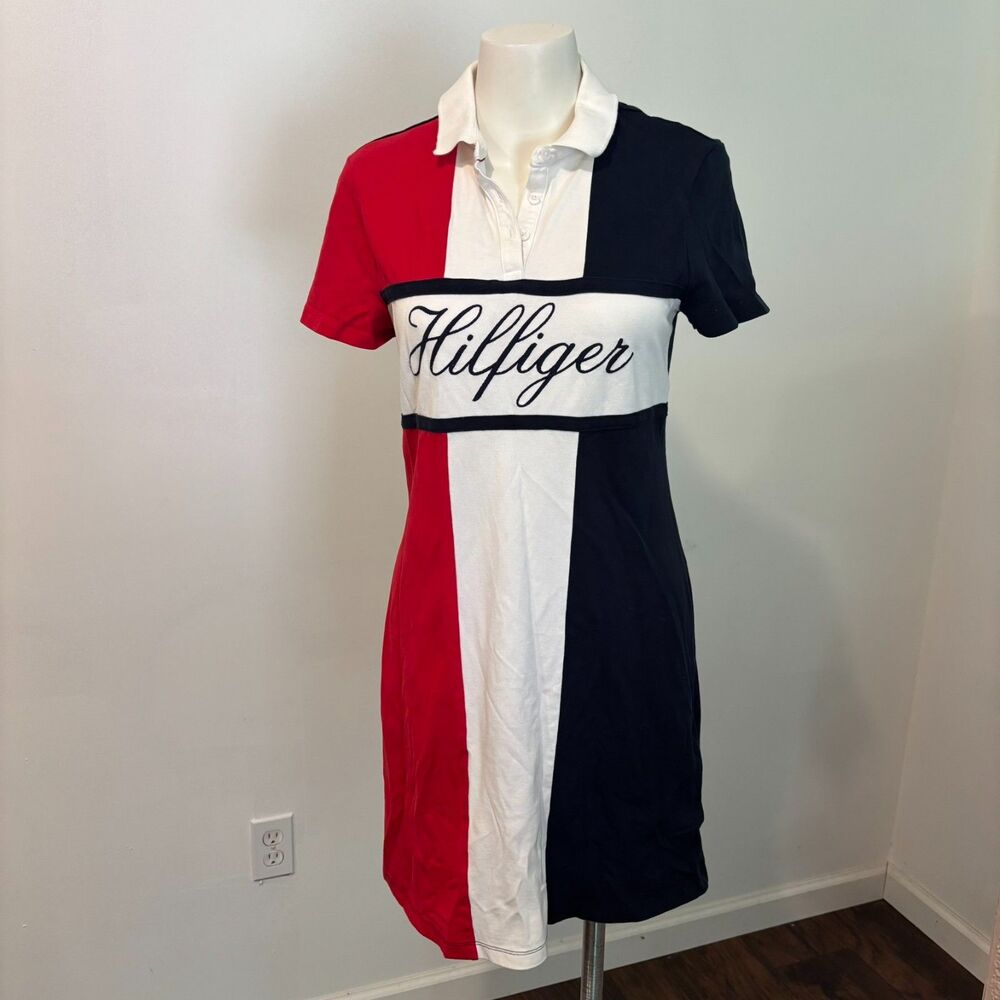 Tommy Hilfiger size Small Cursive Print Red White Blue Preppy Golf Mini Dress